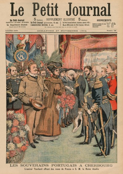 Die portugiesischen Herrscher in Cherbourg, Admiral Touchard bietet Ihrer Majestät Königin Amelie von Portugal französische Rosen an, Titelillustration aus 